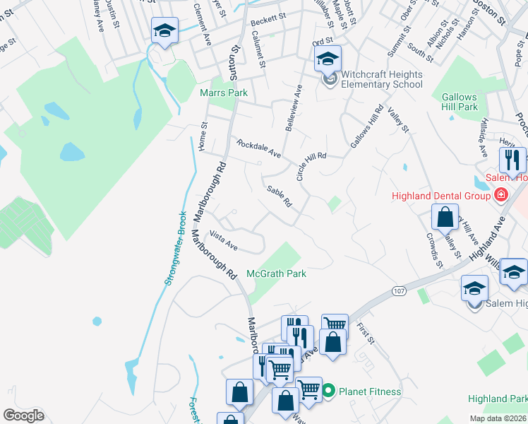 map of restaurants, bars, coffee shops, grocery stores, and more near 15 Buena Vista Avenue in Salem