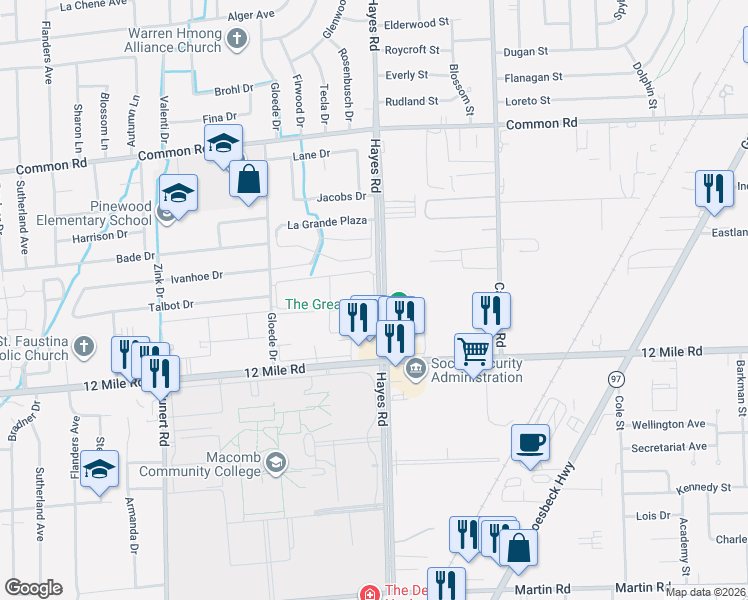 map of restaurants, bars, coffee shops, grocery stores, and more near 29133 Hayes Road in Warren