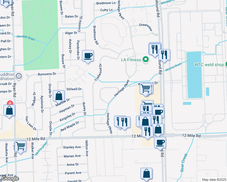 map of restaurants, bars, coffee shops, grocery stores, and more near 29583 Woodpark Circle in Warren