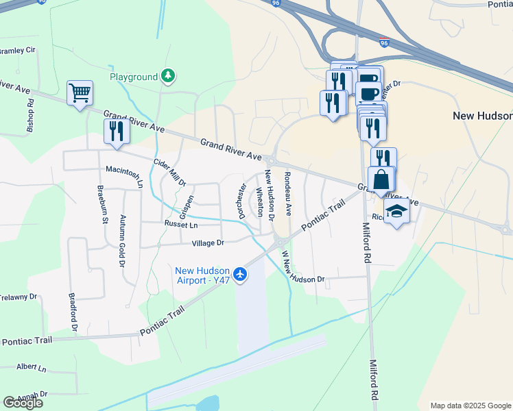map of restaurants, bars, coffee shops, grocery stores, and more near 31058 Wheaton in Lyon Charter Township