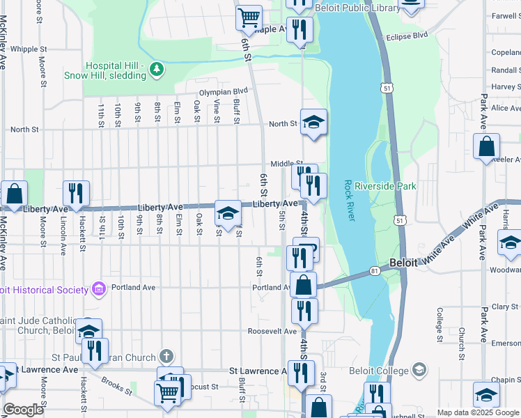 map of restaurants, bars, coffee shops, grocery stores, and more near 1115 6th Street in Beloit