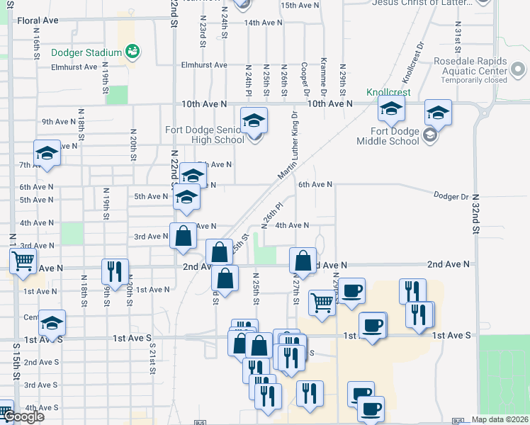 map of restaurants, bars, coffee shops, grocery stores, and more near 438 North 26th Place in Fort Dodge