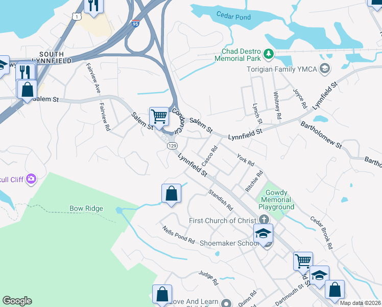 map of restaurants, bars, coffee shops, grocery stores, and more near 1133 Salem Street in Lynn