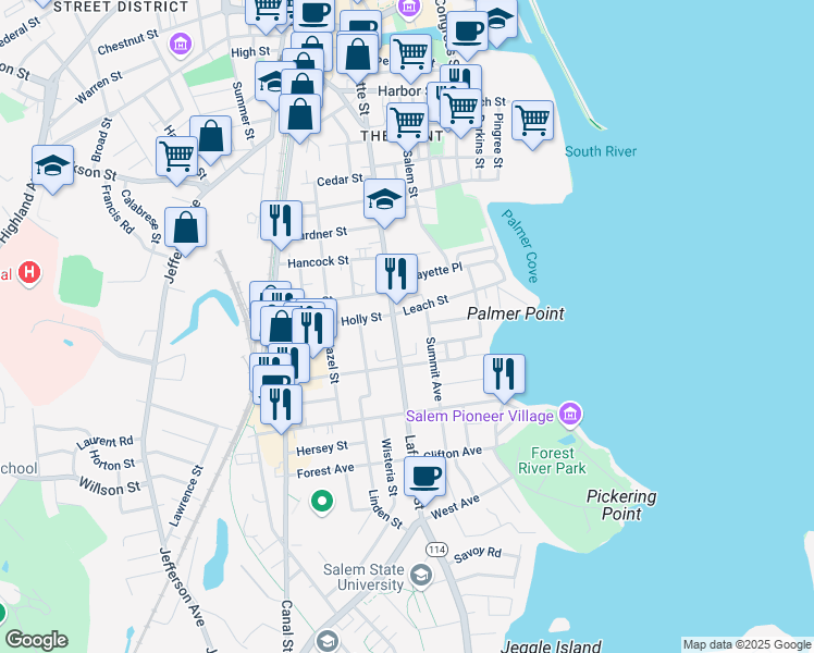 map of restaurants, bars, coffee shops, grocery stores, and more near 245 Lafayette Street in Salem