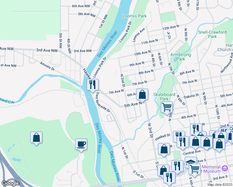 map of restaurants, bars, coffee shops, grocery stores, and more near 153 7th Avenue North in Fort Dodge