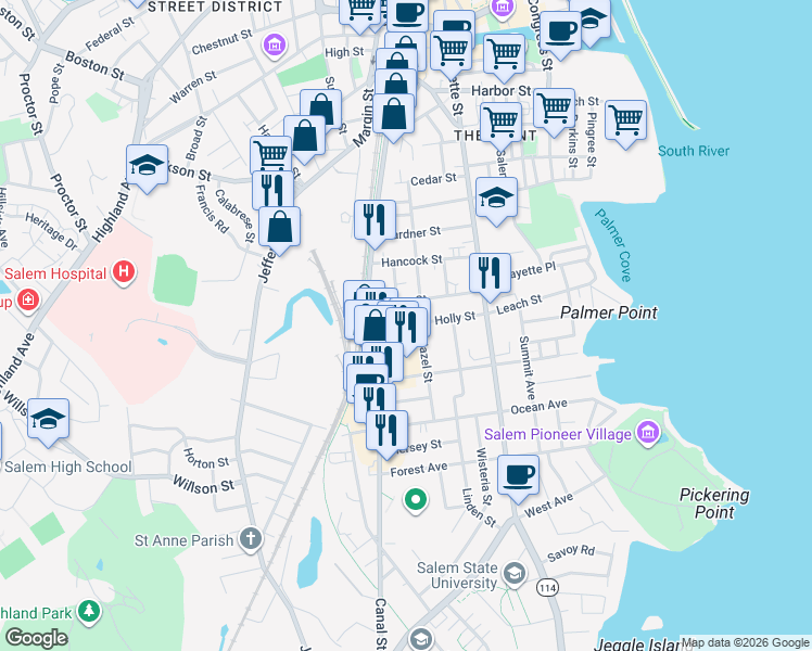map of restaurants, bars, coffee shops, grocery stores, and more near 1 Hazel Street in Salem