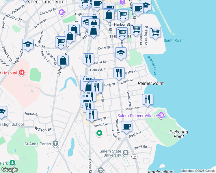map of restaurants, bars, coffee shops, grocery stores, and more near 9 Roslyn Street in Salem