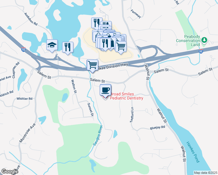 map of restaurants, bars, coffee shops, grocery stores, and more near 55 Salem Street in Lynnfield