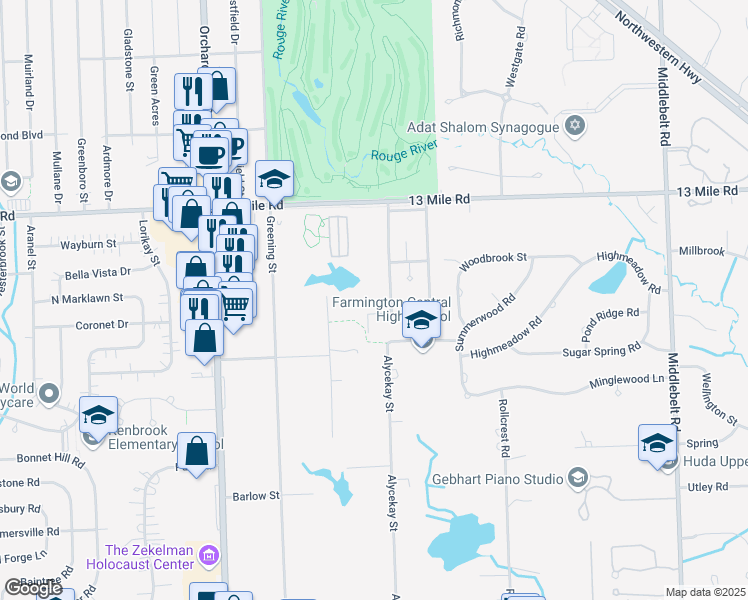 map of restaurants, bars, coffee shops, grocery stores, and more near 30225 West 13 Mile Road in Farmington Hills