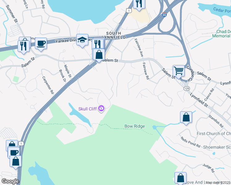 map of restaurants, bars, coffee shops, grocery stores, and more near 51 Ledge Road in Lynnfield