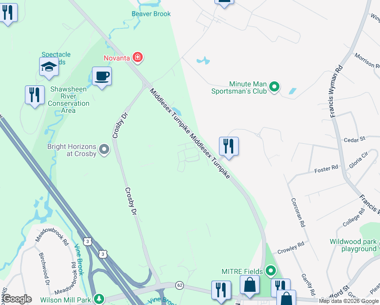 map of restaurants, bars, coffee shops, grocery stores, and more near in Bedford