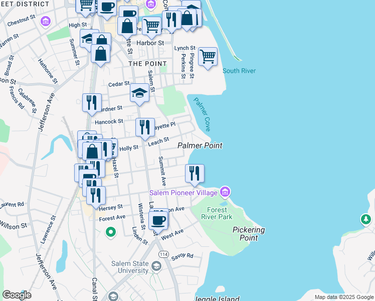map of restaurants, bars, coffee shops, grocery stores, and more near 17 Green Street in Salem
