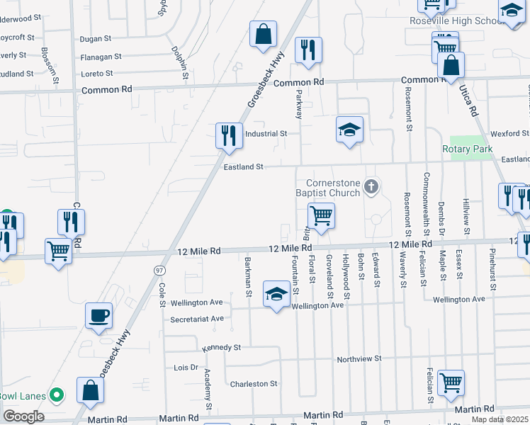 map of restaurants, bars, coffee shops, grocery stores, and more near 29326 Cedarwood Street in Roseville