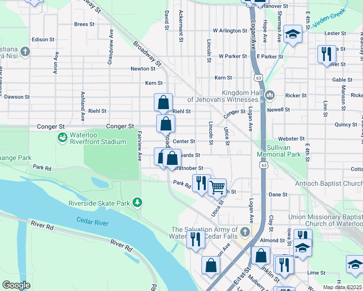 map of restaurants, bars, coffee shops, grocery stores, and more near 442 Center Street in Waterloo
