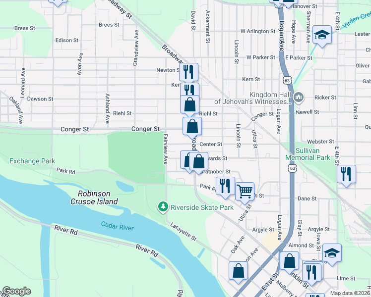 map of restaurants, bars, coffee shops, grocery stores, and more near 611 Broadway Street in Waterloo