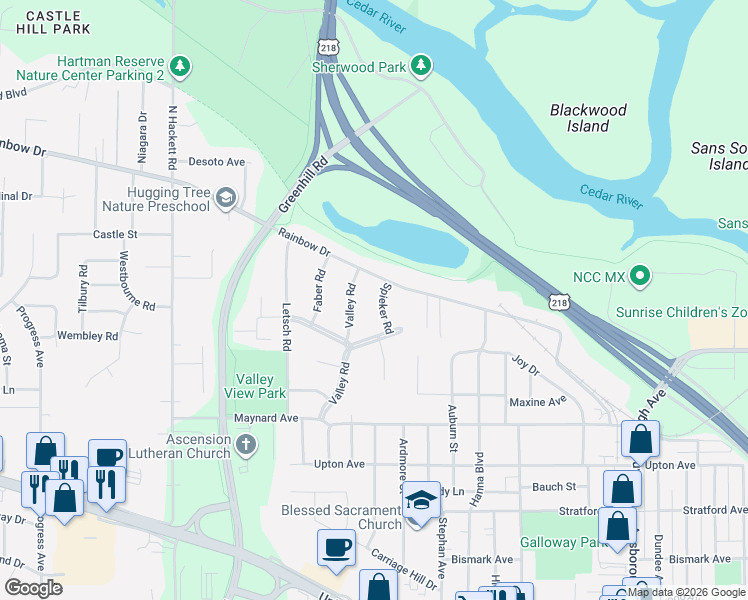 map of restaurants, bars, coffee shops, grocery stores, and more near 1215 Rainbow Drive in Waterloo