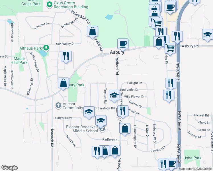 map of restaurants, bars, coffee shops, grocery stores, and more near 5105 Valley Forge Road in Asbury