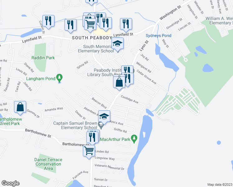 map of restaurants, bars, coffee shops, grocery stores, and more near 107 Lynn Street in Peabody