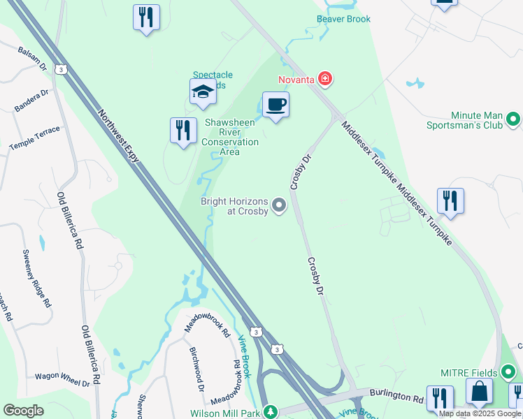 map of restaurants, bars, coffee shops, grocery stores, and more near 36 Crosby Drive in Bedford