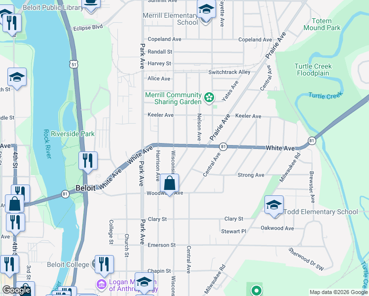 map of restaurants, bars, coffee shops, grocery stores, and more near 1218 Dewey Avenue in Beloit