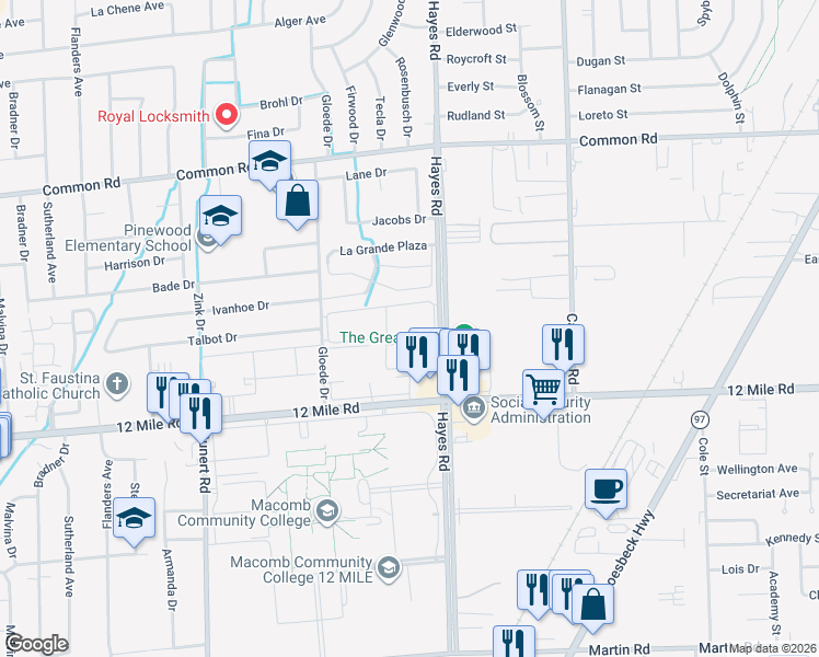 map of restaurants, bars, coffee shops, grocery stores, and more near 29133 Hayes Road in Warren