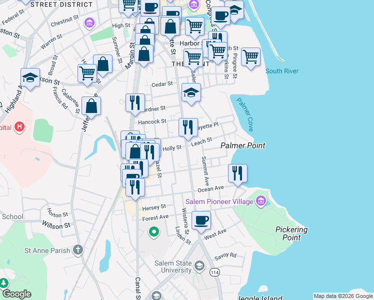 map of restaurants, bars, coffee shops, grocery stores, and more near 235 Lafayette Street in Salem