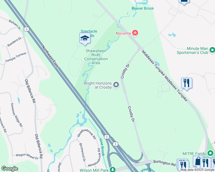 map of restaurants, bars, coffee shops, grocery stores, and more near 36 Crosby Drive in Bedford