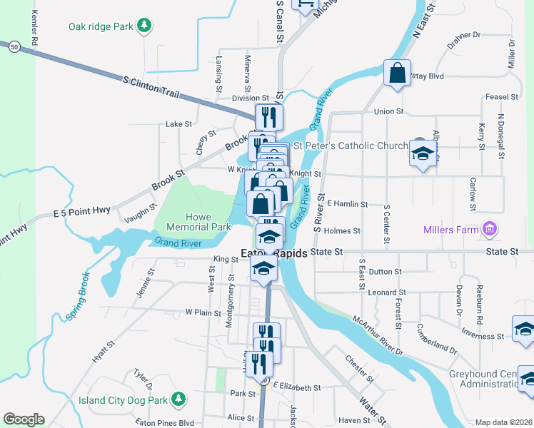 map of restaurants, bars, coffee shops, grocery stores, and more near 203 South Main Street in Eaton Rapids