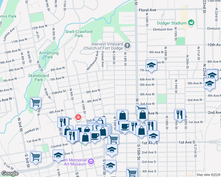 map of restaurants, bars, coffee shops, grocery stores, and more near 1237 6th Avenue North in Fort Dodge