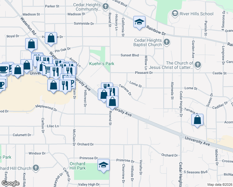 map of restaurants, bars, coffee shops, grocery stores, and more near 2203 Terrace Dr in Cedar Falls