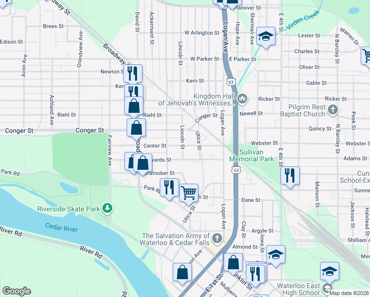 map of restaurants, bars, coffee shops, grocery stores, and more near 611 Lincoln Street in Waterloo