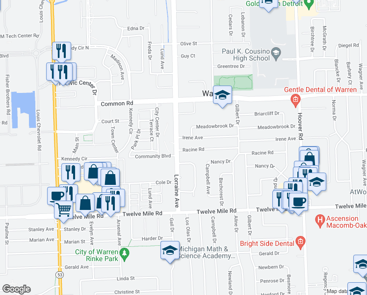 map of restaurants, bars, coffee shops, grocery stores, and more near 11021 Racine Road in Warren