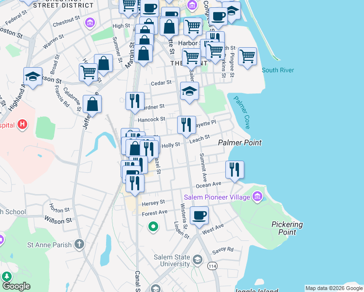 map of restaurants, bars, coffee shops, grocery stores, and more near 235 Lafayette Street in Salem
