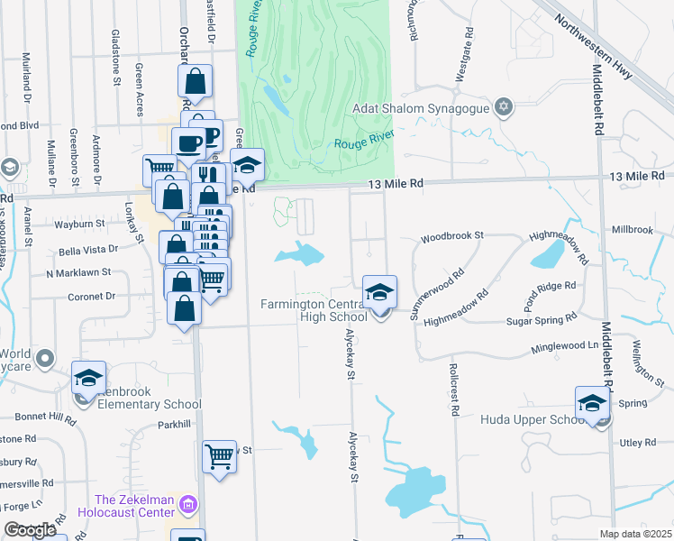 map of restaurants, bars, coffee shops, grocery stores, and more near 30225 West 13 Mile Road in Farmington Hills