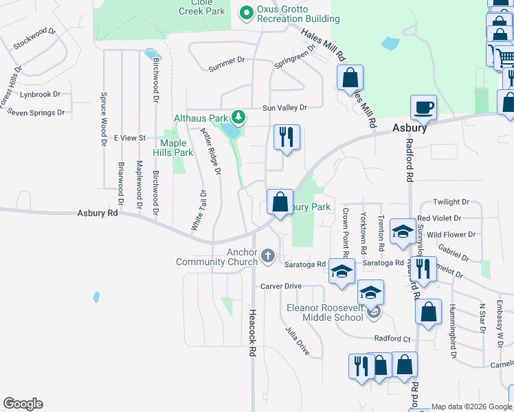 map of restaurants, bars, coffee shops, grocery stores, and more near 2340 Springreen Drive in Asbury