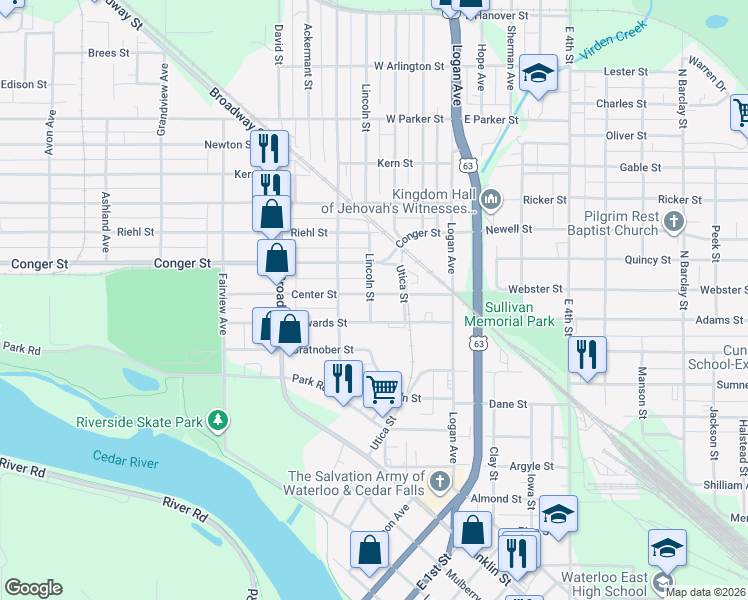 map of restaurants, bars, coffee shops, grocery stores, and more near 611 Lincoln Street in Waterloo