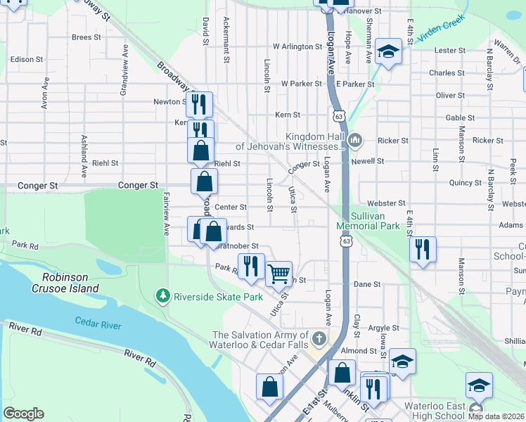 map of restaurants, bars, coffee shops, grocery stores, and more near 611 Lincoln Street in Waterloo