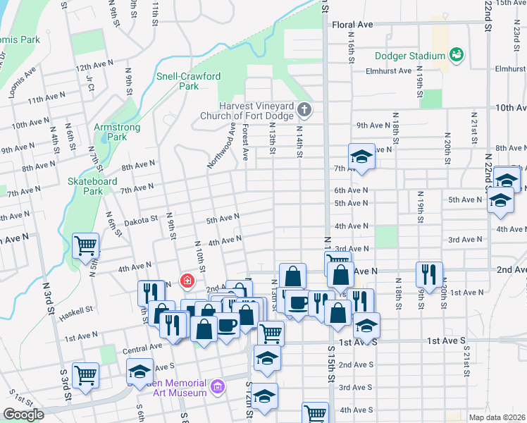 map of restaurants, bars, coffee shops, grocery stores, and more near 1237 6th Avenue North in Fort Dodge