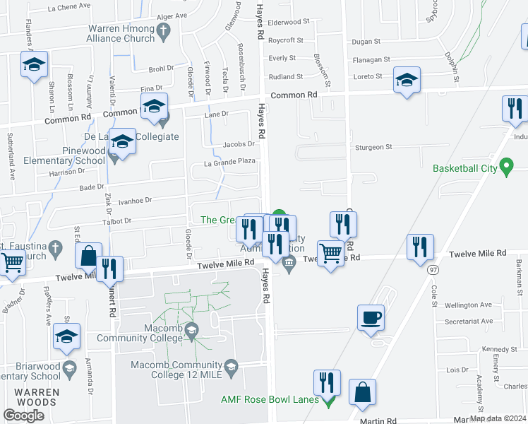 map of restaurants, bars, coffee shops, grocery stores, and more near 29157 Hayes Road in Warren