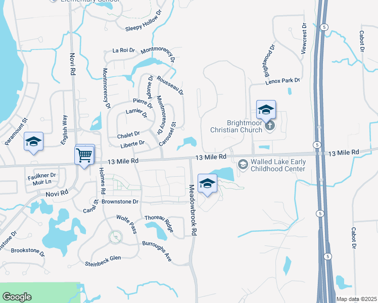 map of restaurants, bars, coffee shops, grocery stores, and more near 41414 West 13 Mile Road in Novi
