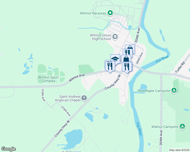 map of restaurants, bars, coffee shops, grocery stores, and more near 31110 114th Street in Twin Lakes