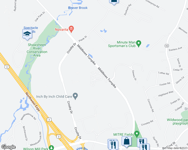 map of restaurants, bars, coffee shops, grocery stores, and more near 4005 Thompson Farm in Bedford