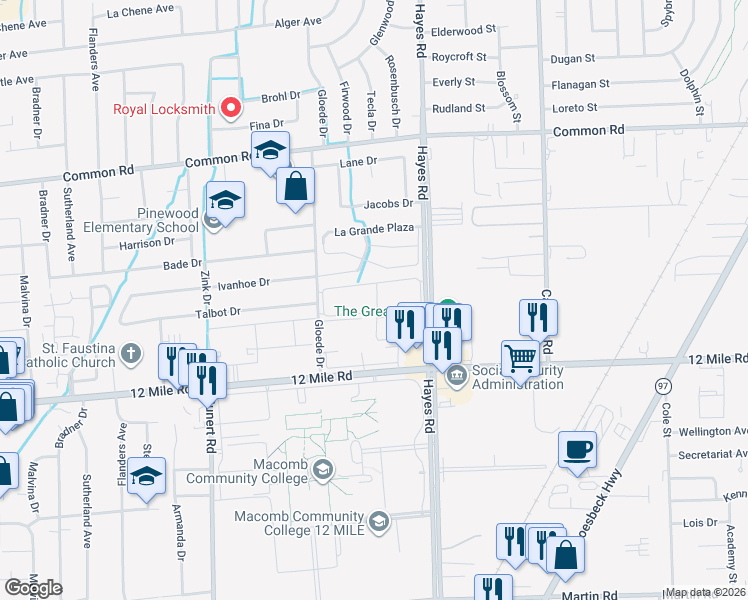 map of restaurants, bars, coffee shops, grocery stores, and more near 15058 Eldorado Terrace in Warren