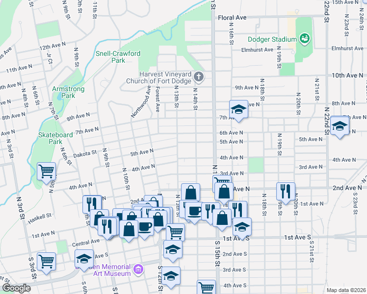 map of restaurants, bars, coffee shops, grocery stores, and more near 1316 5th Avenue North in Fort Dodge