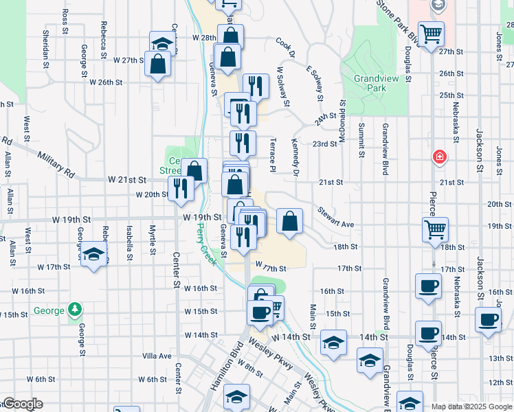 map of restaurants, bars, coffee shops, grocery stores, and more near 199 W Gilman Terrace in Sioux City