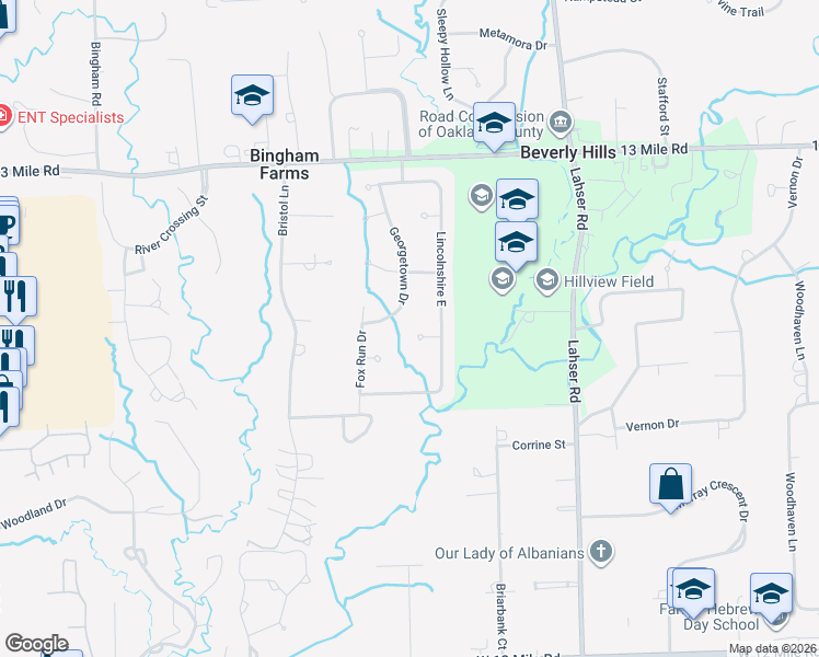 map of restaurants, bars, coffee shops, grocery stores, and more near 30347 Georgetown Drive in Beverly Hills
