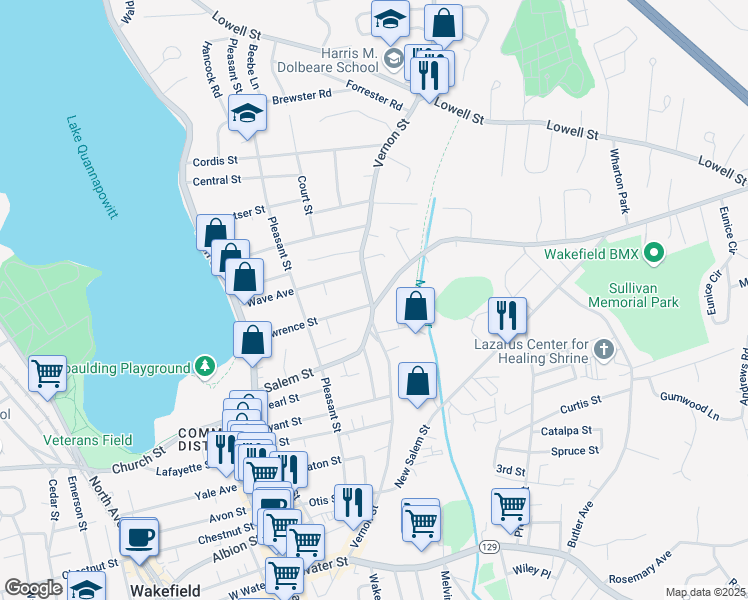 map of restaurants, bars, coffee shops, grocery stores, and more near 101 Salem Street in Wakefield