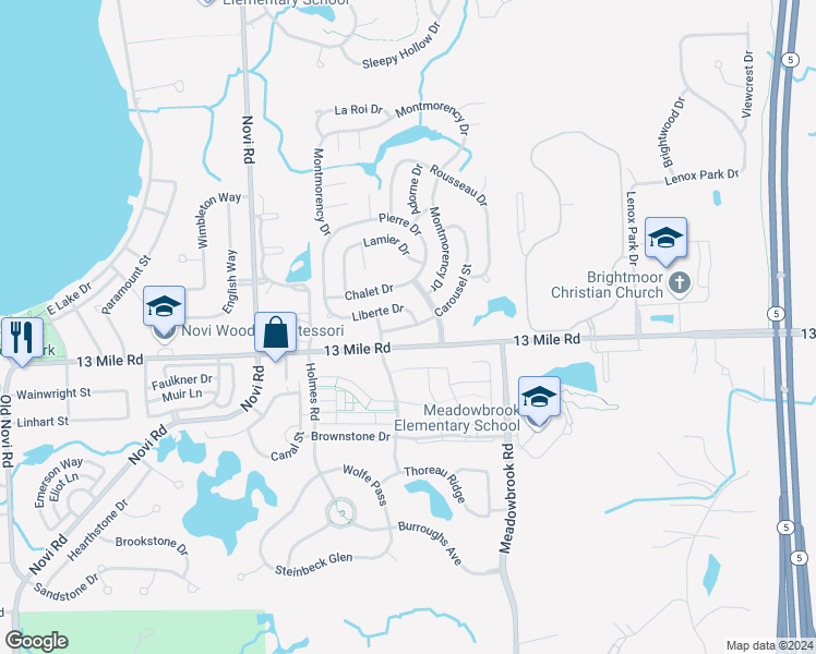 map of restaurants, bars, coffee shops, grocery stores, and more near 41850 Carousel Street in Novi
