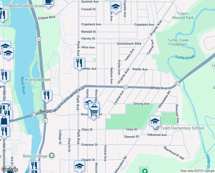 map of restaurants, bars, coffee shops, grocery stores, and more near White Avenue in Beloit