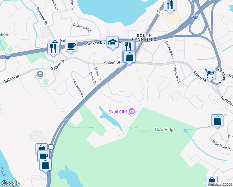 map of restaurants, bars, coffee shops, grocery stores, and more near 385 Broadway in Lynnfield